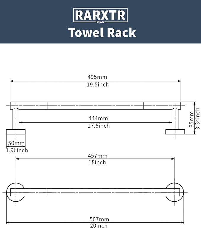 RARXTR Towe Bar for Bathroom Kitchen Hand Towel Holder Dish Cloths Hanger SUS304 Stainless Steel RUSTPROOF Wall Mount (Matte Black 18-inch Center to Center)