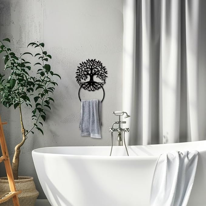 MAYJOYDIY Tree of Life Metal Towel Ring Leafy Plant Towel Holder Tree Bath Towel Ring for Wall Black Art Towel Rack Wall Mounted for Bathroom Kitchen Towel Hanger Home Decors Gift