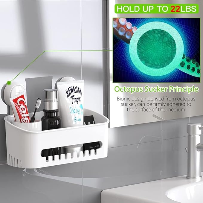 LUXEAR Shower Caddy Suction Cup NO-Drilling Removable Shower Shelf Powerful Heavy Duty Hold up to 22lbs, Waterproof Storage Basket for Shampoo & Toiletries Bathroom & Kitchen Caddy Organizer