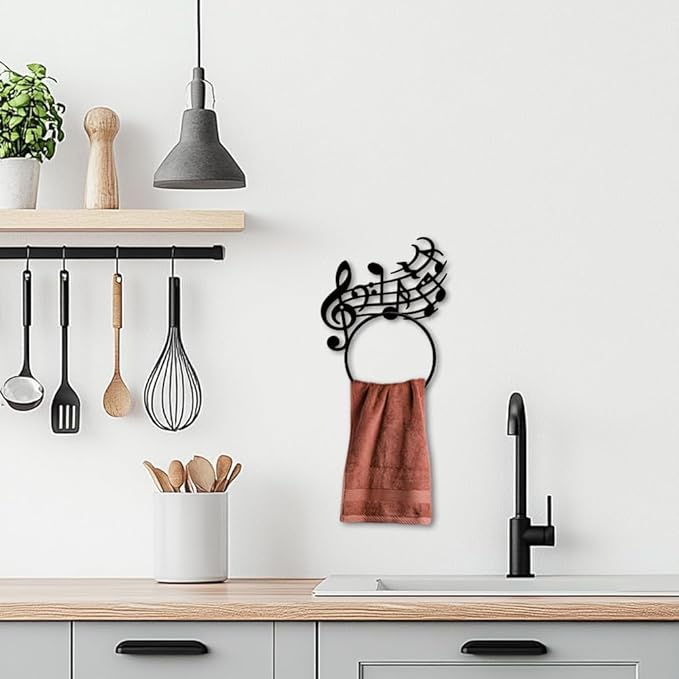 MAYJOYDIY Pentatonic Note Metal Towel Ring Musical Note Towel Holder Musical Artistic Style Towel Ring Black Towel Rack Wall Mounted for Bathroom Kitchen Towel Hanger Home Decors Gift