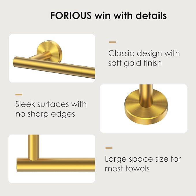 FORIOUS Towel Bar Wall Mounted, Stainless Steel Towel Racks for Bathroom, Includes Wall Mounting Hardware (Brushed Gold, 14 Inch)