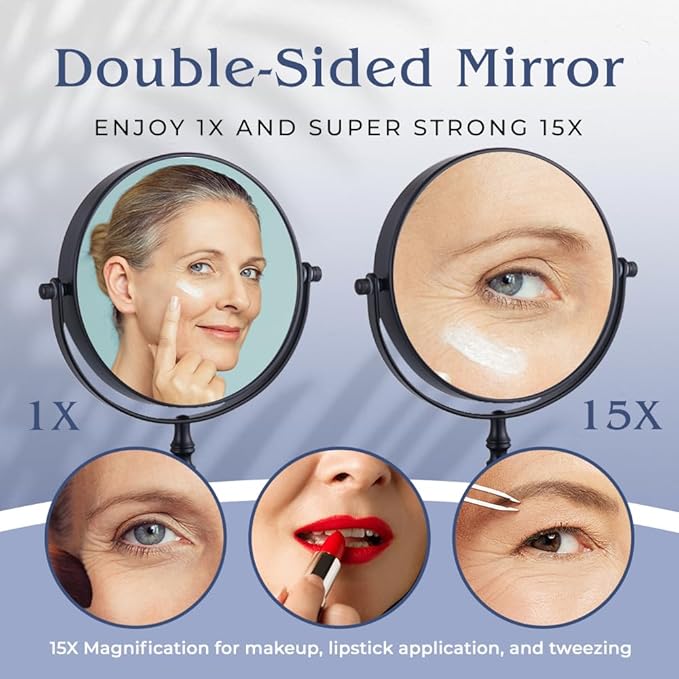15X Magnifying Tabletop Mirror on Stand - Dual Sided 15x and 1x Cosmetic Mirror for Desk, Dressing Table, Bathroom Countertop - 6" Wide & 9" Tall (Black)