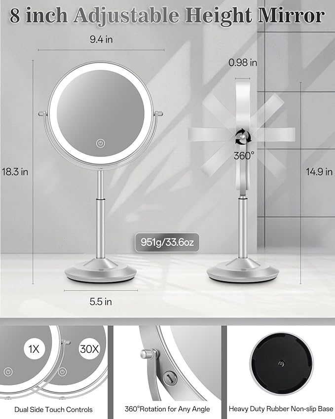 vpu Makeup Mirror with Lights, 1X/30X Lighted Magnifying Mirror Height Adjustable, 3000mAh Rechargeable Double Sided Vanity Mirrors with 3 LED Lighting and Adjustable Brightness for Desk Women Gift