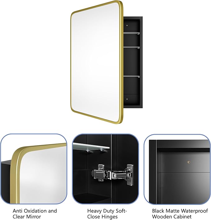 AGDULL Bathroom Wood Black Cabinet with 20''x30'' Brushed Gold Metal Frame Curved Mirror, Recessed Medicine Cabinet, Bathroom Storage Cabinet