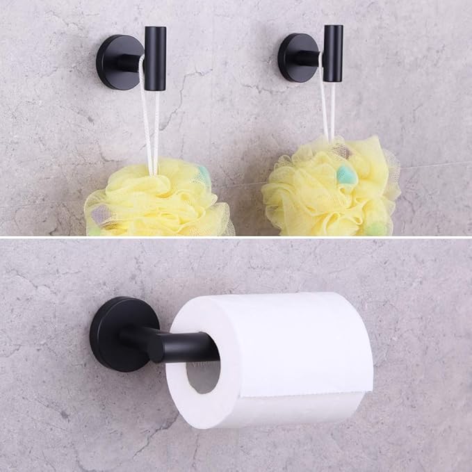 GERZWY Modern Matte Black 3-Piece Bathroom Hardware Set Toilet Paper Holder and 2X Towel Hook Wall Mounted SUS 304 Stainless Steel AG1401B-BK