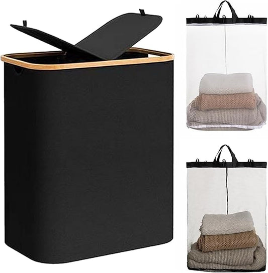 150L Laundry Basket with Lid, Large 2 Compartments Laundry Hamper with Handles & laundry bag Removable in Laundry Room, College Dorm, Bathroom, Bedroom (black)