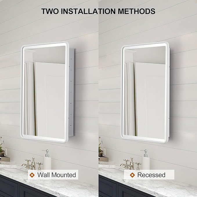 White Bathroom Medicine Cabinet with Mirror 17 x 27 Metal Frame Recessed Or Wall Mounted Single Door Storage Medicine Cabinets with Adjustable Shelves Rounded Corner Beveled Mirrors
