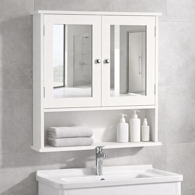 Panana Wall Mounted Bathroom Cabinet Wall Cabinet with 2 Mirrored Doors and Open Compartment, Inner Adjustable Shelf, 22" x 5.1" x 22.8" (White)