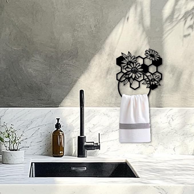 MAYJOYDIY Beehive Flowers Metal Towel Ring Honeycomb Towel Holder for Wall Flowers Leaves Plants Black Art Towel Rack Wall Mounted for Bathroom Garden Kitchen Home Decors Gift