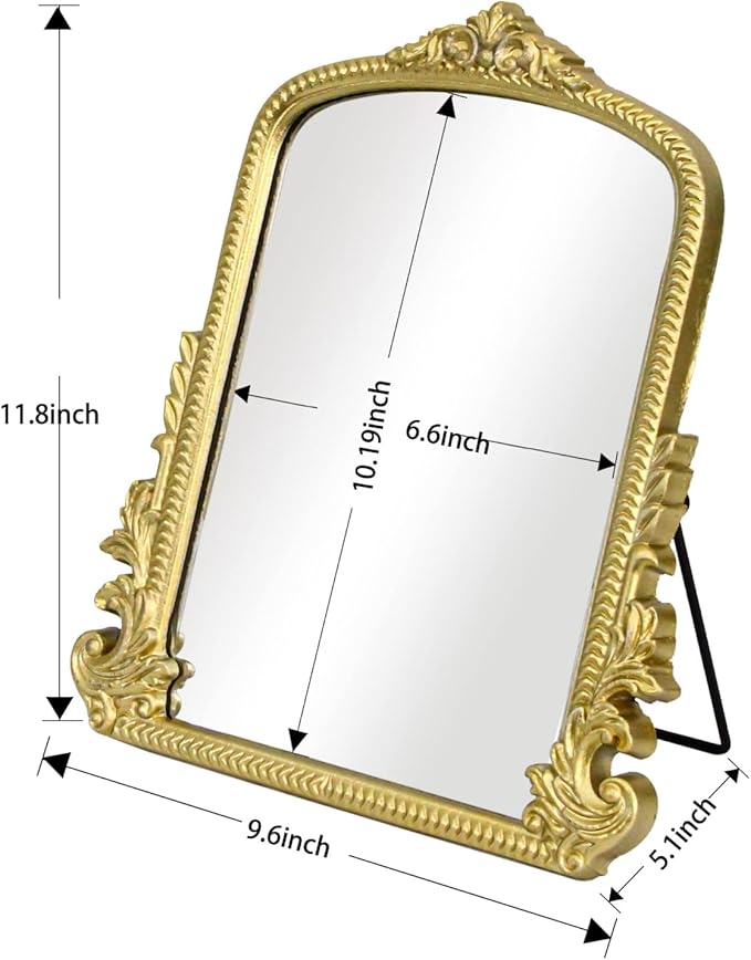TenFuju Champagne Gold Vintage Baroque Vanity Mirror, Small Arched Tabletop Makeup Mirror, Free Standing Mirror for Dresser, Bedroom, Living Room, 11.8" x 9.6"