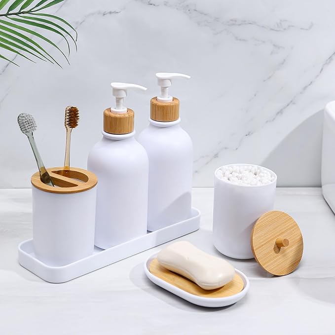 Matte White Bathroom Accessories Set 7 Pcs,Bamboo Bathroom Accessories Sets,White Soap Dispenser and Toothbrush Holder Set,Qtip Holder,Vanity Tray,Soap Dish,Modern Bathroom Decor