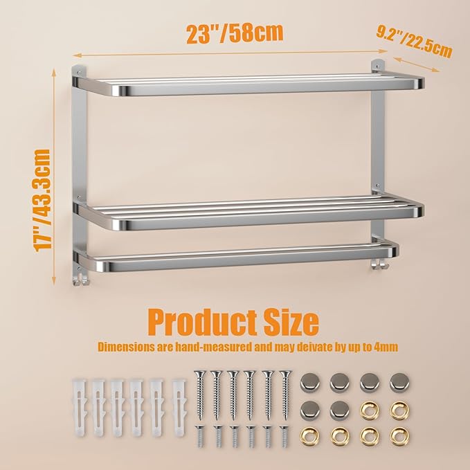 DDS-DUDES 23 Inches 3-Tier Towel Racks for Bathroom with Towel Bars Multilayer Hotel Towel Shelf Stainless Steel Wall-Mounted Brushed Finish Holder with Towel Shelves