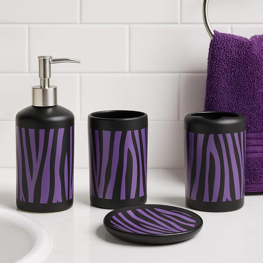 4 Piece Ceramic Bathroom Accessories Set - Purple Black Zebra Animal Print - Complete Bath Decor Kit Includes Designer Soap or Lotion Dispenser - Toothbrush Holder - Tumbler - Soap Dish (Purple Zebra)