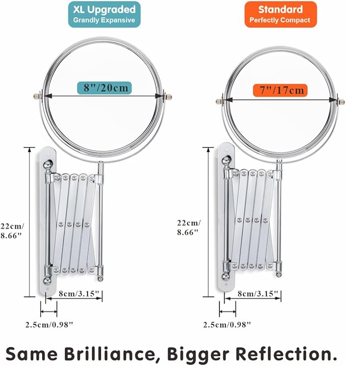Welllink 8Inch XL Wall Mounted Bathroom Mirror, 1X/7X Magnification, High-Definition Glass, Chrome Finish, Space Saving Design