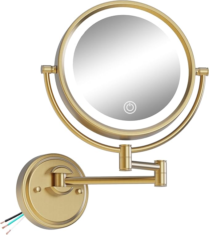 10" Wall Mounted Makeup Mirror with Light and Magnification, 3 Color LED, 1X/5X Wall Mount Magnifying Mirror with Extension Arm Gold for Bathroom, Hardwired, Brushed Moderne Brass