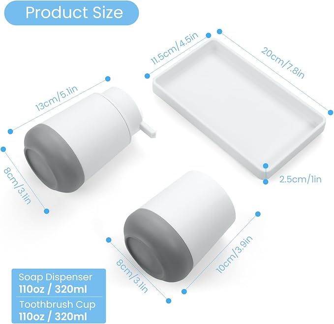 GAHEFY White Bathroom Countertop Accessories Set - Soap Dispenser and Toothbrush Holder with Silicone Boot,Vanity Tray (White Liquid)