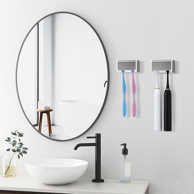 PARKMANI 2 PCS Toothbrush Holders Wall Mounted with Cover, Electric Tooth Brushing Holder for Bathroom, 2 Slots Self Adhesive Toothbrush Organizer for Family, Kids (2, Brushed Silver)
