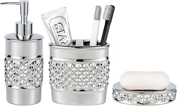 3-Piece Silver Ceramic Bathroom Accessories Set - Luxurious Soap Dispenser, Toothbrush Holder & Soap Dish with Modern Geo Embossed Design for Bathroom Accessory Set