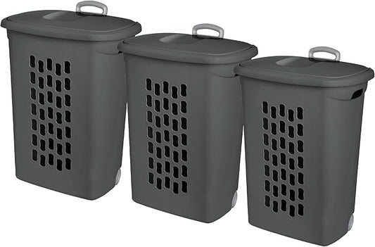 Sterilite 3-Pack Ultra Wheeled Hamper, Plastic Rolling Laundry Basket, Flat Gray - Portable Clothes Carrier with Flip-Top Lid and Retractable Handle for Home, Apartment, and Dorm