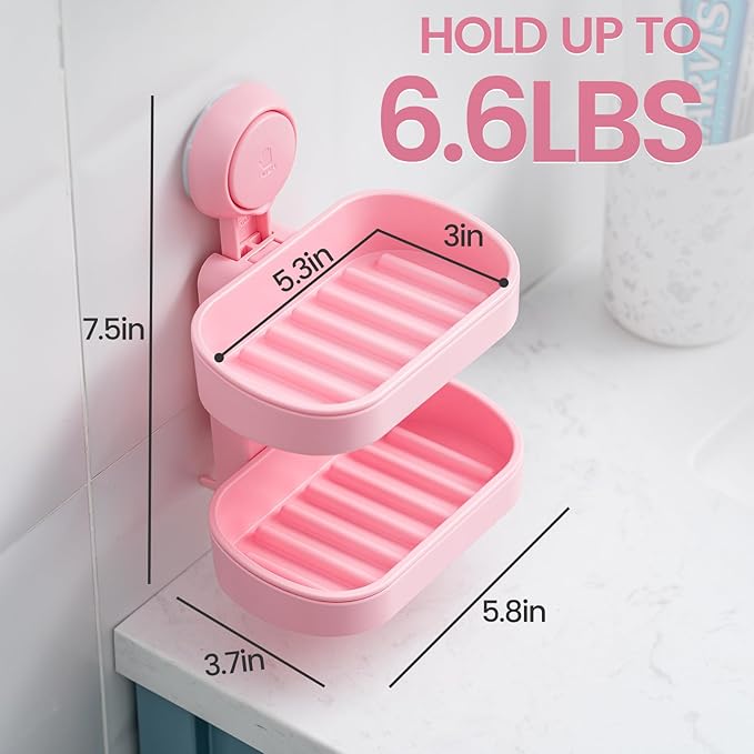 TAILI Soap Holder Soap Dish for Shower, Suction Cup Soap Holder for Shower Wall, Bathroom Accessories, Removable Strong Hold Soap Saver, Drill Free Double Soap Dish, Pink 2 Layer