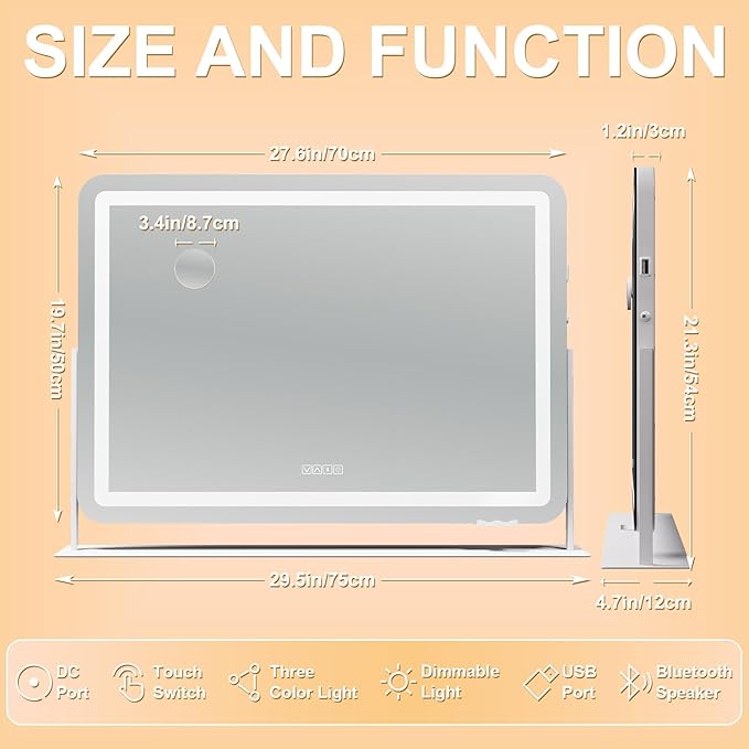 Hasipu Vanity Mirror with Lights and Bluetooth Speaker, 27.6" x 19.7" LED Makeup Mirror, Light up Mirror with 10X Magnification, USB Charging Port, Smart Touch 3 Colors Dimmable (White)