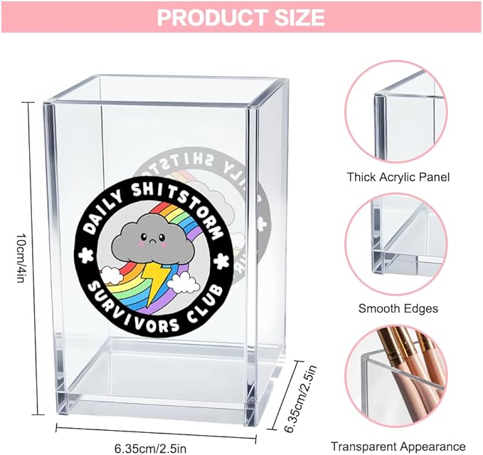 Daily Sh!tstorm Survivors Club Acrylic Cosmetic Pencil Pen Holder Cup, Funny Rainbow Storm Cloud Desk Organizer Accessory for Home Office Decor, Humor Sarcastic Work Gifts for Women Men Coworker