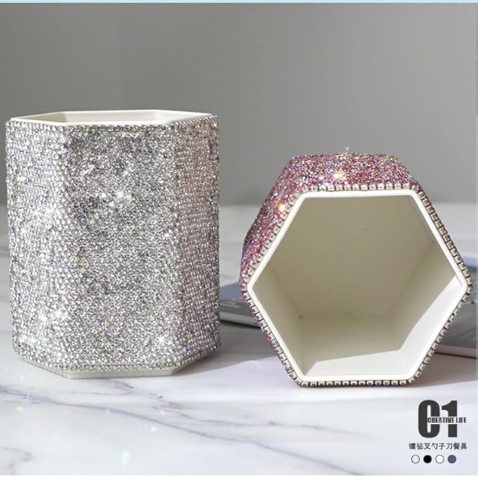 Luxury Crystal Rhinestone Pen Holder Makeup Brush Organizer - Sparkling and Fashionable Desk Organizer for Bling Lovers (Pink)
