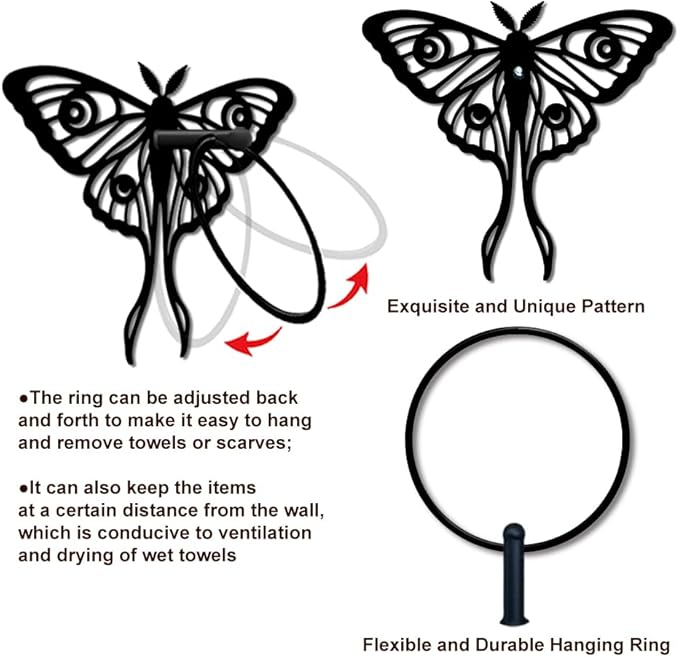 MAYJOYDIY Insects Metal Towel Ring Round Luna Moth Hand Towel Holder Ring Hanger Black Vintage Towels Wall Organizer for Kitchen Bath Home Laundry Room Decors Gifts
