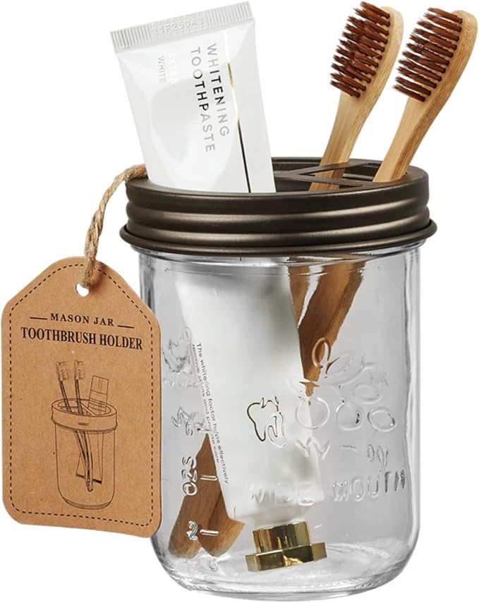 Amolliar Mason Jar Bathroom Accessories Set(4 Pack) - Foaming Soap Dispenser&Qtip Holder Set&Toothbrush Holder-Rustic Farmhouse Decor Bathroom Organizer Apothecary Jar Country Countertop (Bronze)