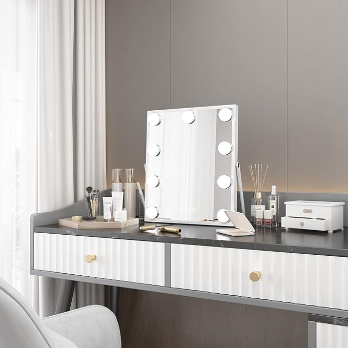 CASSILANDO Hollywood Vanity Mirror with Lights, Vanity Makeup Mirror with 9 LED Bulbs, 3 Color Lighting Modes, U-Shaped Bracket, Smart Touch Control