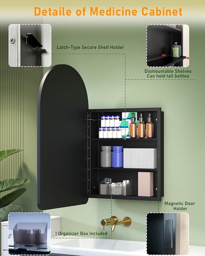 19.7"x31.5" Lighted Medicine Cabinet with Mirror, Arched Bathroom Mirror with Lights and Storage, Dimmable 3 Color with Anti-Fog, Full Metal Recessed & Surface Mount LED Medicine Cabinets Black