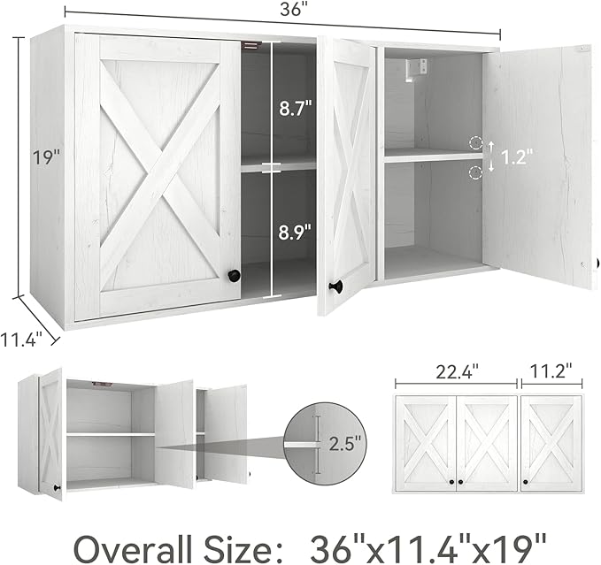 YOURLITE Laundry Cabinet, Medicine Cabinet, Bathroom Kitchen Storage Wall Mounted Farmhouse Organizer with Shelves Over Toilet, 36" Wide, White