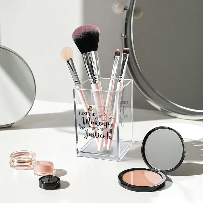 First The Makeup, Then The Justice Acrylic Makeup Brush Organizer Holder, Lawyer Desk Acrylic Brushes Storage, Law Student Gifts, Thank you Gifts for Women Lawyer Judge Attorney Makeup Lover