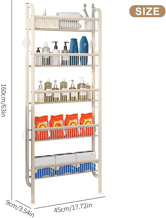 Behind The Door Bathroom Shelf Narrow 5-Tier, Slim Space-Saving Storage Shelf, Freestanding Narrow Shelving Unit for Bathroom, Kitchen, Closet and Laundry Room