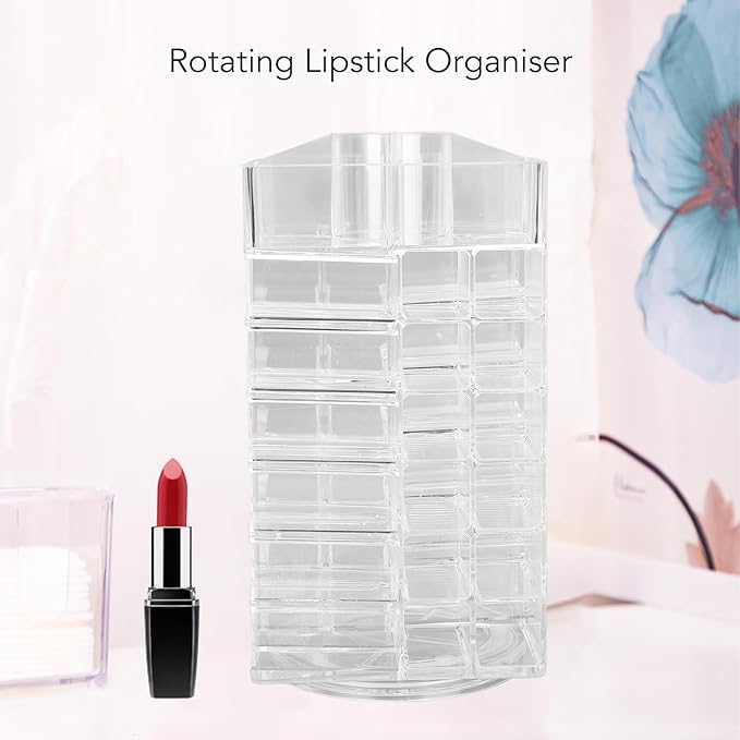 banapoy Acrylic Lipstick Tower Holder, 53 Slots 360 Rotating Makeup Cosmetic Lipsticks Organizer Rack, Lipgloss Storage Container Display for Girls Women