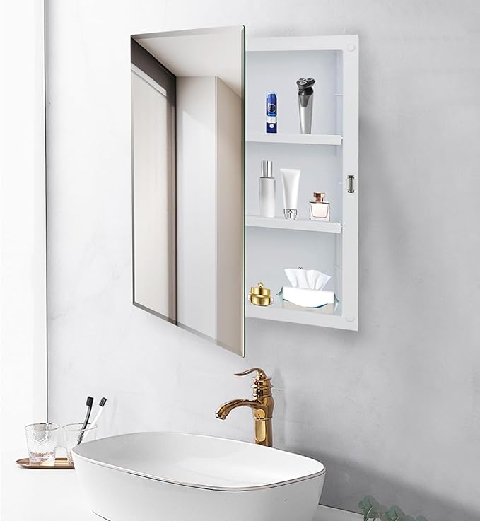 Bathroom Medicine Cabinet with Beveled Mirror,Medicine Cabinet with Storage Function,Hanging Storage Cabinet,Bathroom Mirror Cabinet,Adjustable Shelves,White (16 x 20 inch)