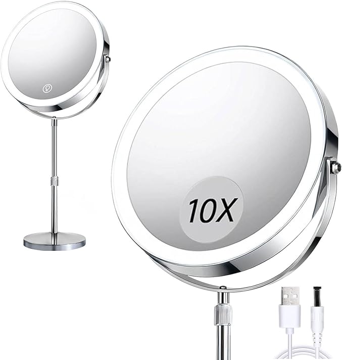 Makeup Mirror with Lights and Magnification, Electric Lighted Standing Mirror with 10x Magnification, Magnifying Mirror with Light for the Bathroom, 360° Rotation & Height Adjustable