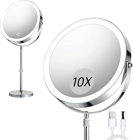 Makeup Mirror with Lights and Magnification, Electric Lighted Standing Mirror with 10x Magnification, Magnifying Mirror with Light for the Bathroom, 360° Rotation & Height Adjustable