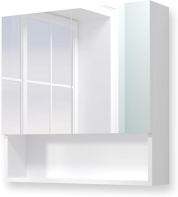 Bathroom Cabinet with Mirror, Wall Cabinet with 2 Mirrored Doors, Adjustable Shelf, Open Compartment, Wall-Mounted, 24x24 Inches, White (Assembly Required)