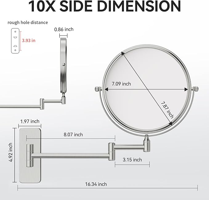 Nicesail Wall Magnifying Mirror Double-Sided, Make up Mirror for Bathroom Vanity Magnifying Wall Mount Makeup with 10X Magnification, Mountable Shaving Mirror Brushed Nickel Finish(8 Inch, 10X)
