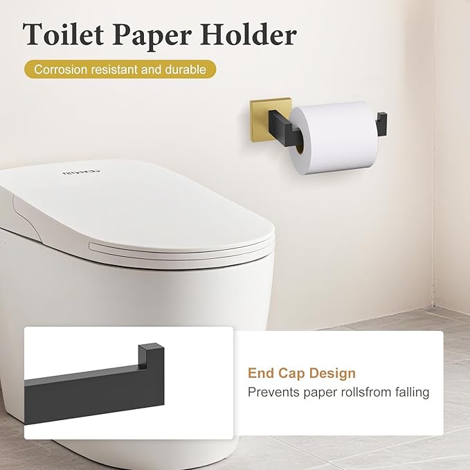 TURS Bathroom Accessory Set Black and Gold Towel Ring Set Stainless Steel Toilet Paper Holder Towel Ring Robe Hook Wall Mount