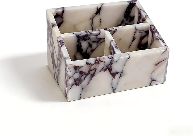 Marble Desk Organizer with 3 Compartments, White and Purple Pattern, Modern Design (White)