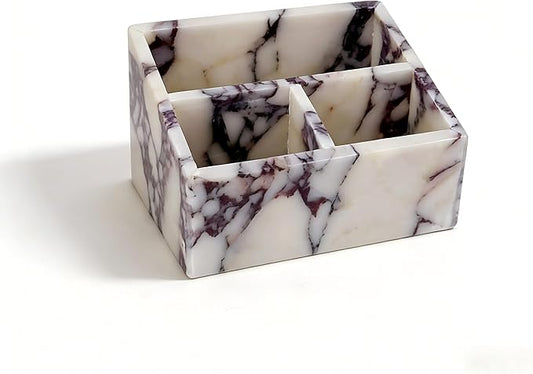Marble Desk Organizer with 3 Compartments, White and Purple Pattern, Modern Design (White)