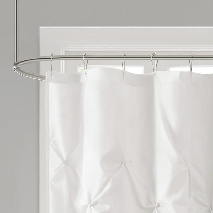 Madison Park Laurel Semi-Sheer White Shower Curtain – Lightweight Faux Silk Fabric, 72x72 in, Light Filtering, Modern Style Bathroom Curtain Textured Tufting Detail Modern Mid-Century Bathroom Decor