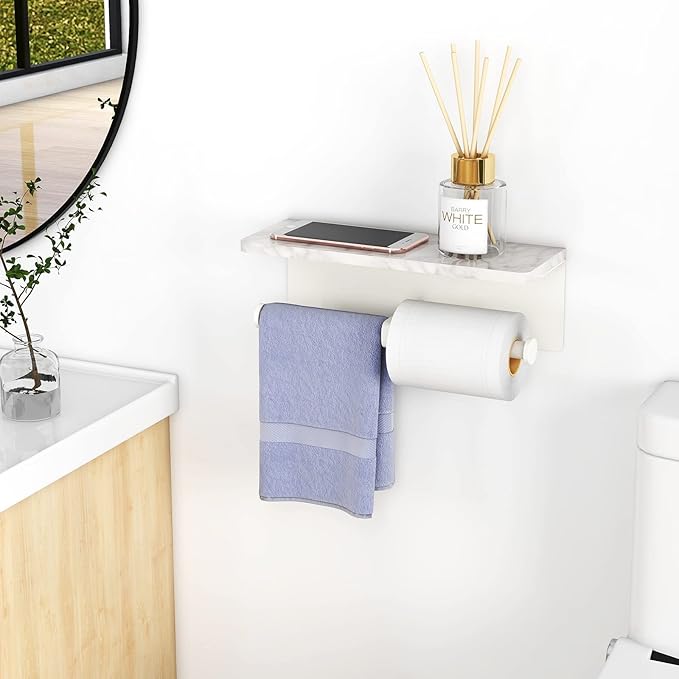 White Toilet Paper Holder with Shelf, New Upgrade Double Toilet Paper Holder with Storage, Marble Roll Toilet Paper Wall Mount for Bathroom Washroom