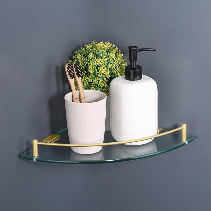 Glass Corner Shelf Bathroom Shelf Tempered Glass with Rail SUS 304 Stainless Steel Floating Wall Mount Bracket Brushed Nickel