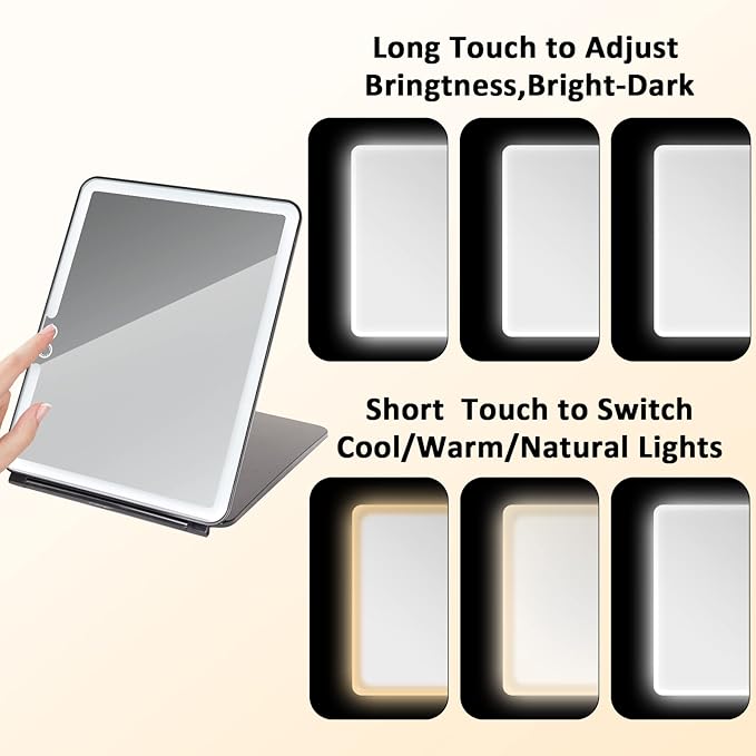 LED Light Travel Makeup Mirror, 3X 5X Magnifying Vanity Mirror USB Charge Foldable Standing Mirror Touch Screen 3 Colors Brightness Adjustable Portable Cosmetic Mirror for Travel Makeup