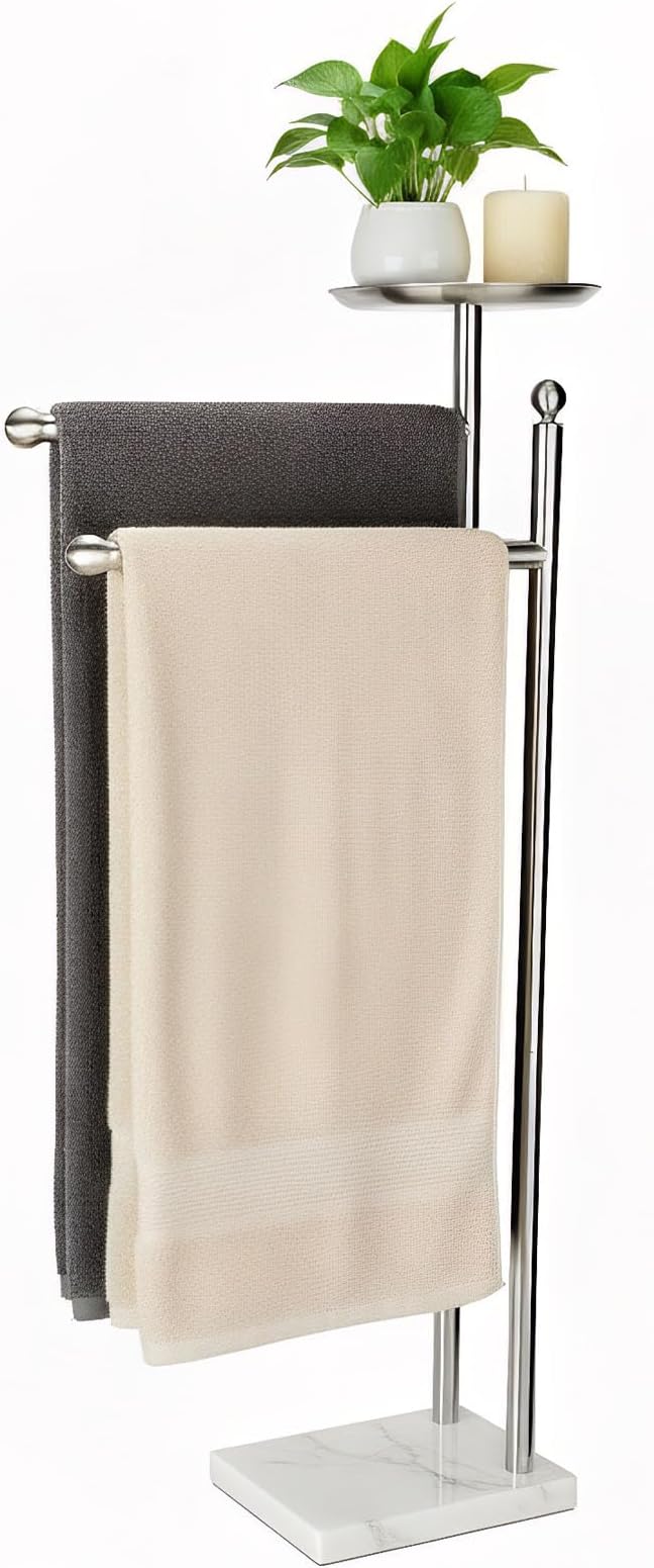 Songtec Bath Towel Rack Stand for Bathroom, 2-Tier Towel Holder Stand for Bath Towels Max to 68” & 60” Long, Practical Shelf on Top for Phone, Shampoo, Body Wash
