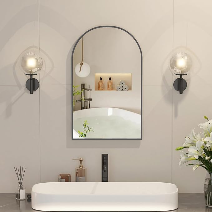 Recessed Medicine Cabinet for Bathroom,Black Arched Medicine Cabinet with Mirror,Bathroom Mirror with Storage,Surface Mount Wall Cabinet 14x18