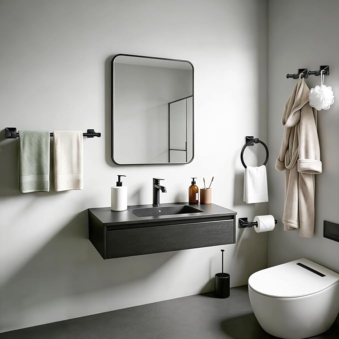 5-Piece Matte Black Bathroom Hardware Accessories Set, Stainless Steel Bathroom Towel Bar Set, 24 Inch Towel Bar, Towel Ring, Toilet Paper Holder, 2 Towel Hooks, Towel Racks for Bathroom Wall Mounted